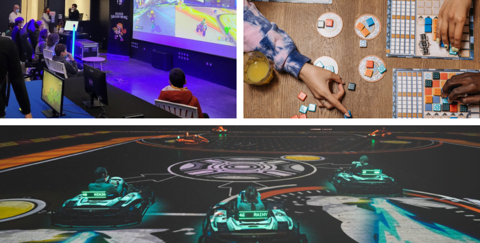 Montage de 3 photos : l'espace gaming du Ma.at, une table de jeux et un espace de karting indoor